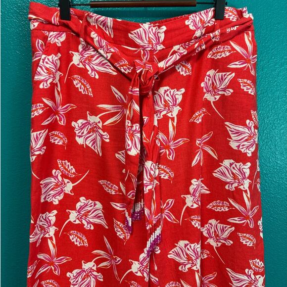Maison d'Amelie Linen Blend Red Floral Beaded Sash Wide Leg Pant Women's Large - Picture 3 of 10